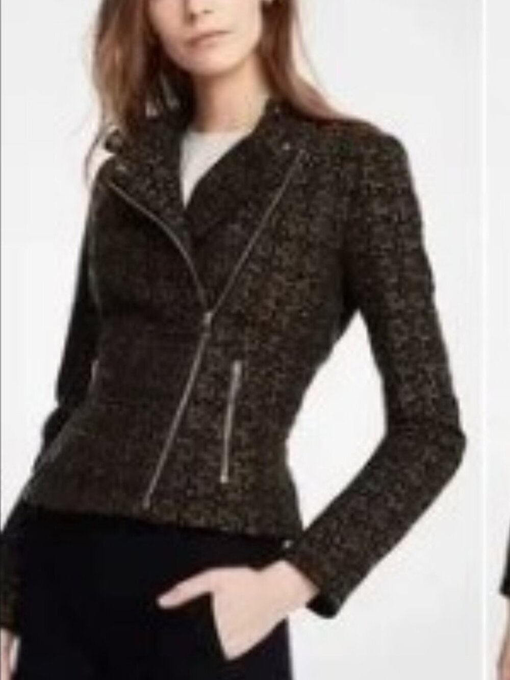 Ann Taylor women's tweed zip front moto cut textured blazer jacket sz 12